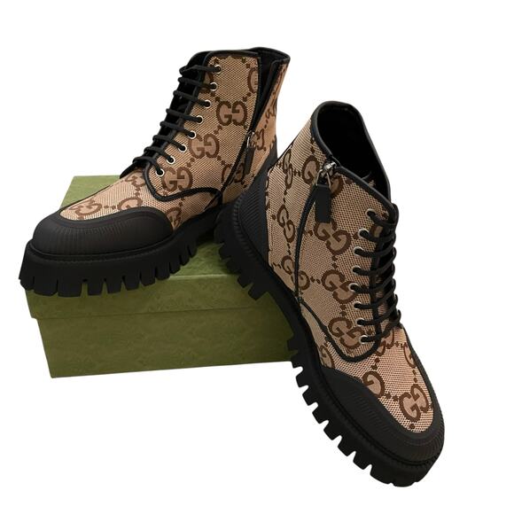 GUCCI Men's Maxi GG Supreme Canvas Combat Ankle Boots Camel Brown Sz 11.5  US 12 - Picture 5 of 16